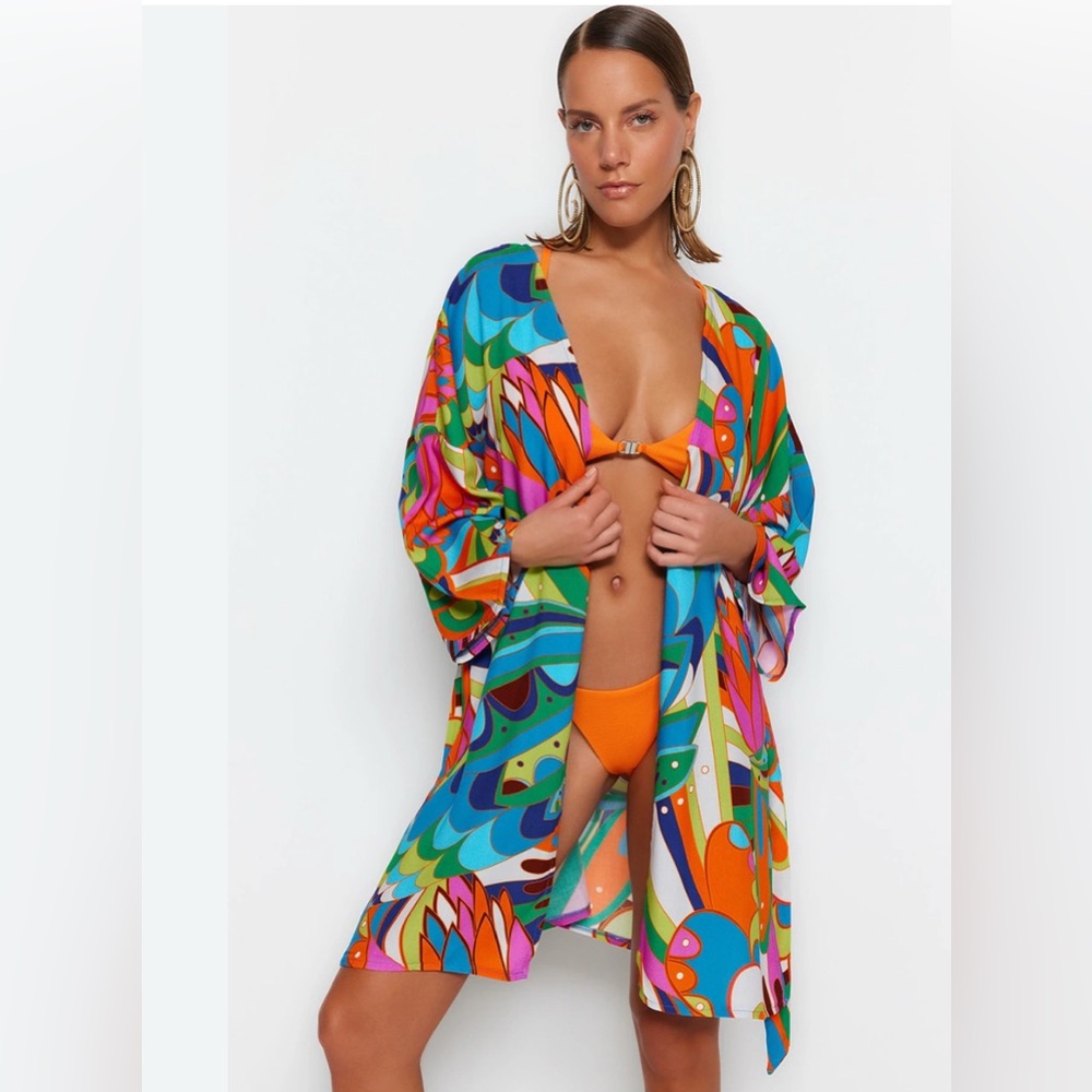 Trendyol Blue and Orange Swim Coverup Kimono

Belt not included